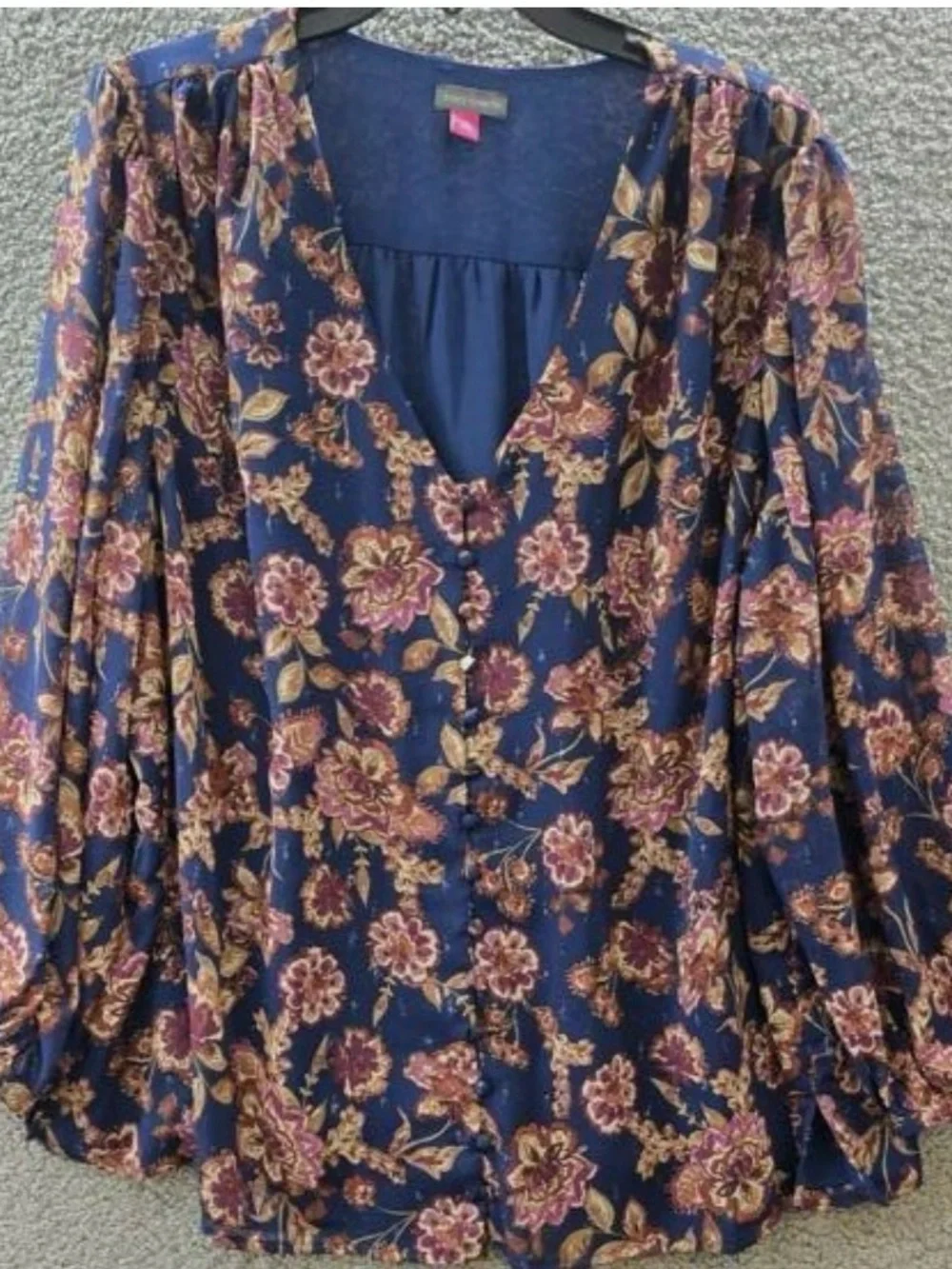 Vince Camuto Navy Floral V-Neck Blouse with Pink and Rust Print